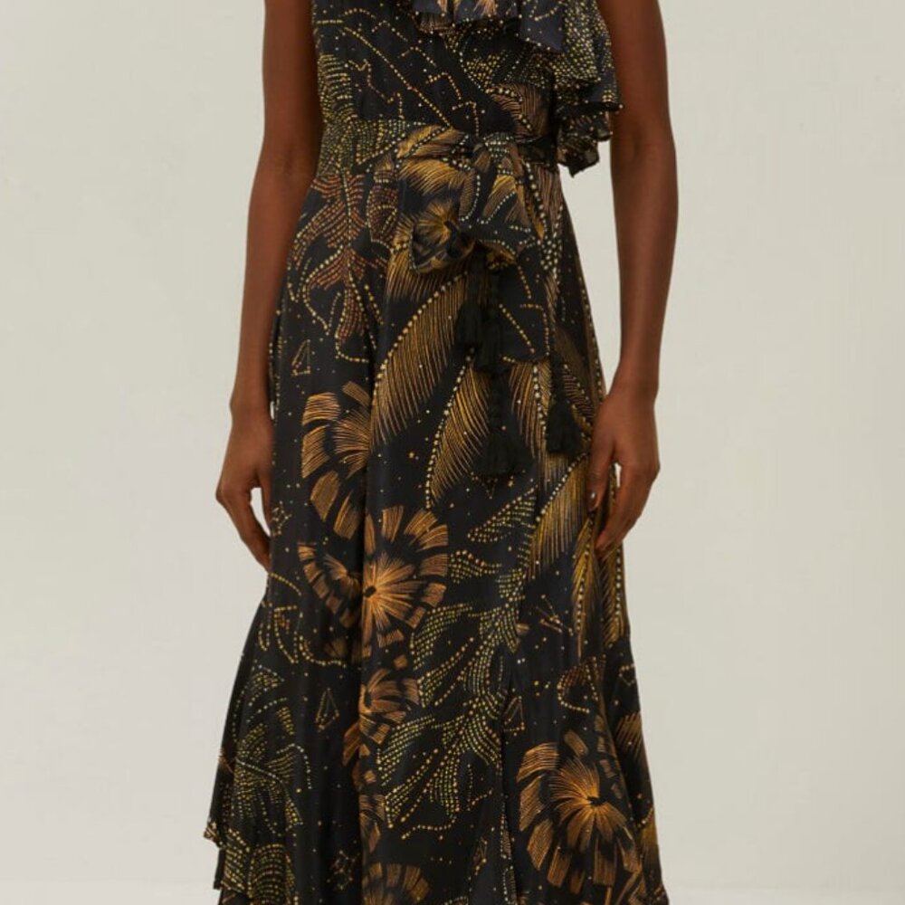 Farm Rio black golden foliage one-shoulder maxi dress